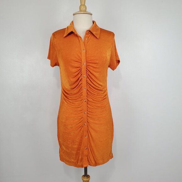 Wild Fable Orange Button Up Short Sleeve Stretchy Drape Detail Dress NEW Size L - Picture 1 of 13